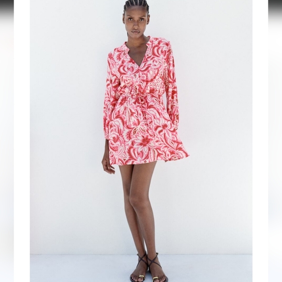 Zara Button-Down Printed Mini Dress Pink and White Large - Picture 8 of 8